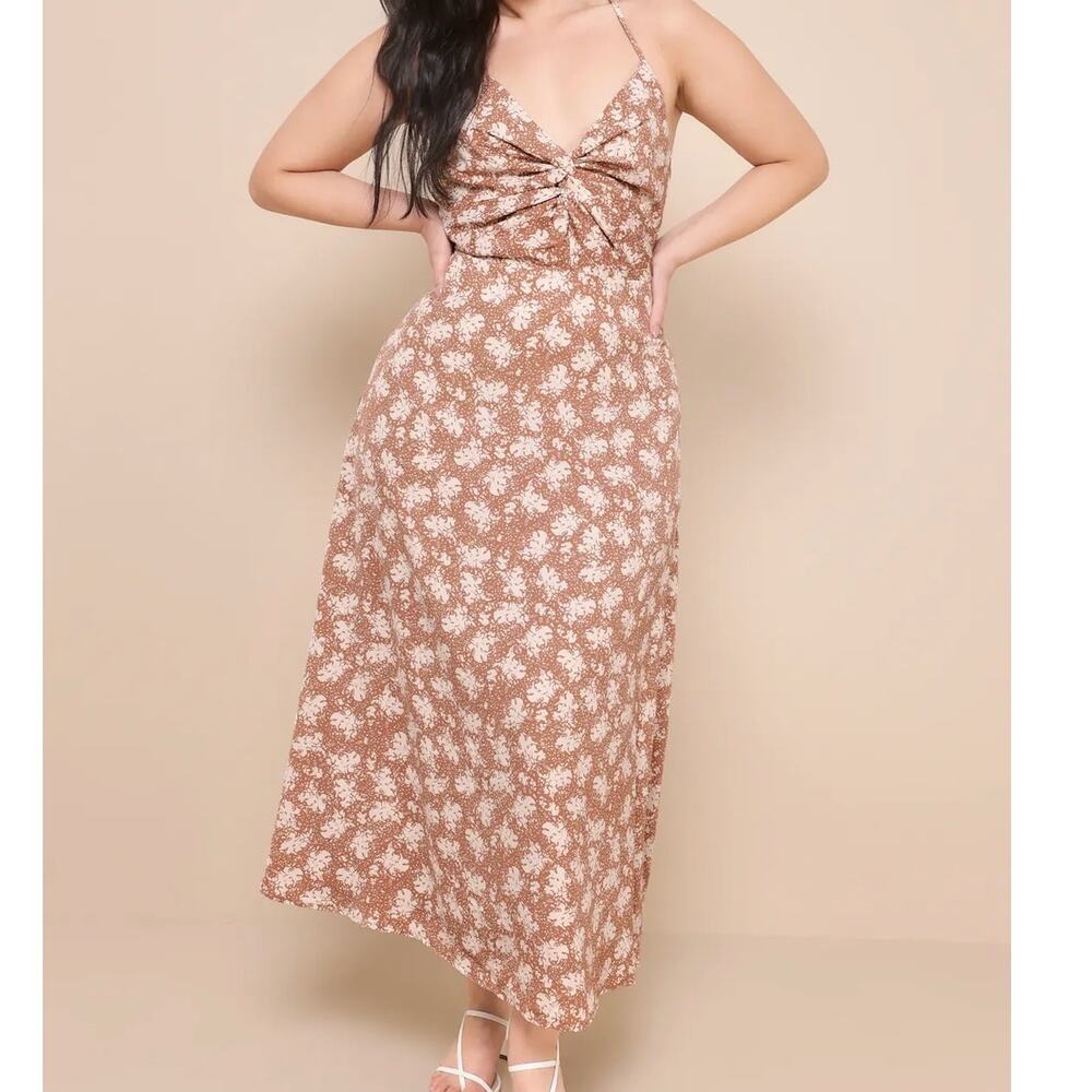 Lulus Picturesque Moments Brown Floral Print Dress Size L